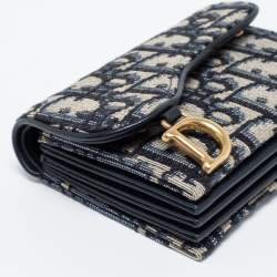 Pre Owned Dior Blue Oblique Jacquard Saddle 5 Gusset Card Holder