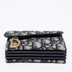 Pre Owned Dior Blue Oblique Jacquard Saddle 5 Gusset Card Holder