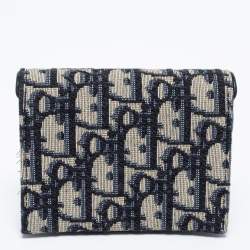 Pre Owned Dior Blue Oblique Jacquard Saddle 5 Gusset Card Holder