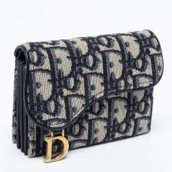 Pre Owned Dior Blue Oblique Jacquard Saddle 5 Gusset Card Holder