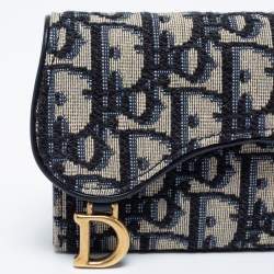 Pre Owned Dior Blue Oblique Jacquard Saddle 5 Gusset Card Holder