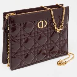 Pre Owned Dior Burgundy Cannage Patent Leather Caro Zipped Chain Pouch