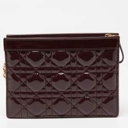 Pre Owned Dior Burgundy Cannage Patent Leather Caro Zipped Chain Pouch