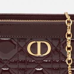 Pre Owned Dior Burgundy Cannage Patent Leather Caro Zipped Chain Pouch