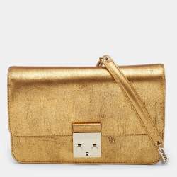 Pre Owned Dior Metallic Gold Crinkled Leather Miss Flap Shoulder Bag