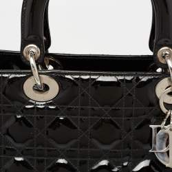 Pre Owned حقيبة يد توتس ديور ليدي ديور جلد كاناج أسود لامع كبيرة