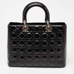 Pre Owned حقيبة يد توتس ديور ليدي ديور جلد كاناج أسود لامع كبيرة