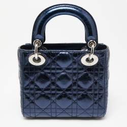 Pre Owned Dior Metallic Blue Cannage Crinkled Leather Mini Lady Dior Tote