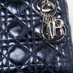 Pre Owned Dior Metallic Blue Cannage Crinkled Leather Mini Lady Dior Tote