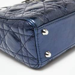 Pre Owned Dior Metallic Blue Cannage Crinkled Leather Mini Lady Dior Tote
