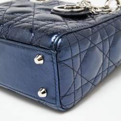 Pre Owned Dior Metallic Blue Cannage Crinkled Leather Mini Lady Dior Tote