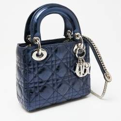 Pre Owned Dior Metallic Blue Cannage Crinkled Leather Mini Lady Dior Tote