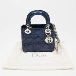 Pre Owned Dior Metallic Blue Cannage Crinkled Leather Mini Lady Dior Tote
