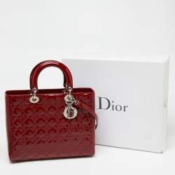 Pre Owned Dior Red Cannage Patent Leather Large Lady Dior Tote