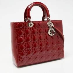 Pre Owned Dior Red Cannage Patent Leather Large Lady Dior Tote