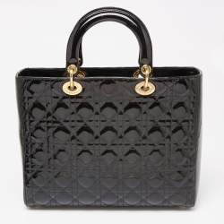 Pre Owned Dior Black Cannage Patent Leather Large Lady Dior Tote