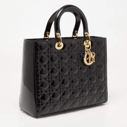 Pre Owned Dior Black Cannage Patent Leather Large Lady Dior Tote