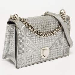 Dior Metallic Silver Micro Cannage Patent Leather Medium Diorama Shoulder Bag