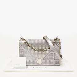 Dior Metallic Silver Micro Cannage Patent Leather Medium Diorama Shoulder Bag