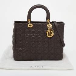 Pre Owned Dior Dark Brown Cannage Leather Large Lady Dior Tote
