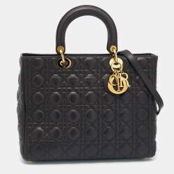 Pre Owned Dior Dark Brown Cannage Leather Large Lady Dior Tote