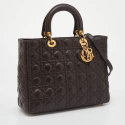 Pre Owned Dior Dark Brown Cannage Leather Large Lady Dior Tote