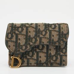 Pre Owned Dior Green/Beige Oblique Canvas Saddle Wallet