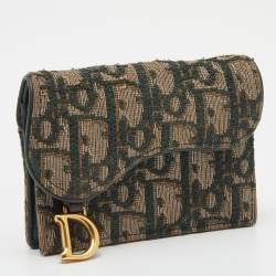 Pre Owned Dior Green/Beige Oblique Canvas Saddle Wallet