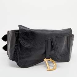 Pre Owned Dior Black Crinkled Leather Saddle Waist Belt Bag