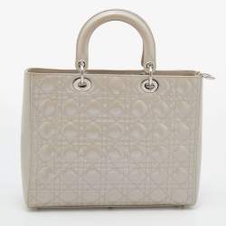 Pre Owned Dior Grey Cannage Patent Leather Large Lady Dior Tote