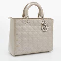 Pre Owned Dior Grey Cannage Patent Leather Large Lady Dior Tote