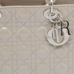 Pre Owned Dior Grey Cannage Patent Leather Large Lady Dior Tote