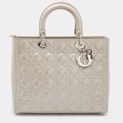 Pre Owned Dior Grey Cannage Patent Leather Large Lady Dior Tote