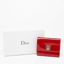Pre Owned Dior Red Patent Leather Turnlock Trifold Compact Wallet
