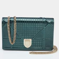 Pre Owned Dior Metallic Green Micro Cannage Leather Diorama Wallet on Chain