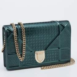 Pre Owned Dior Metallic Green Micro Cannage Leather Diorama Wallet on Chain