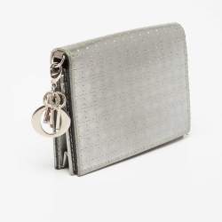 Pre Owned Dior Silver Micro Cannage Patent Leather Mini Lady Dior Card Case