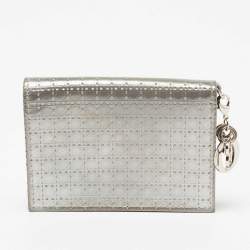 Pre Owned Dior Silver Micro Cannage Patent Leather Mini Lady Dior Card Case