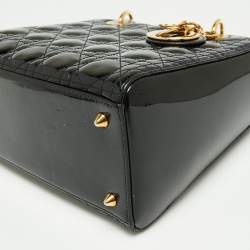 Pre Owned Dior Black Cannage Patent Leather Medium Lady Dior Tote
