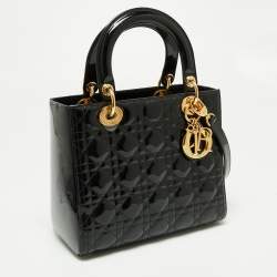 Pre Owned Dior Black Cannage Patent Leather Medium Lady Dior Tote