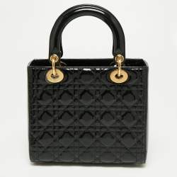 Pre Owned Dior Black Cannage Patent Leather Medium Lady Dior Tote