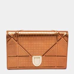Pre Owned Dior Metallic Bronze Micro Cannage Patent Leather Diorama Wallet on Chain 