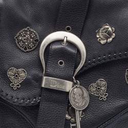 Pre Owned Dior Black Leather Charms Whipstitch Gaucho Double Saddle Bag