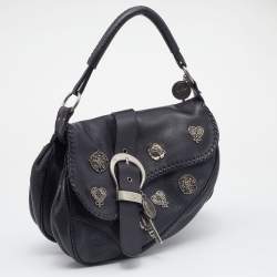 Pre Owned Dior Black Leather Charms Whipstitch Gaucho Double Saddle Bag