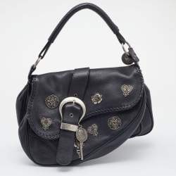 Pre Owned Dior Black Leather Charms Whipstitch Gaucho Double Saddle Bag