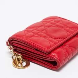 Pre Owned Dior Red Cannage Leather Lady Dior Trifold Compact Wallet