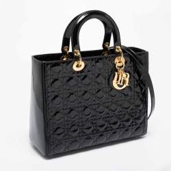 Pre Owned Dior Black Cannage Patent Leather Large Lady Dior Tote