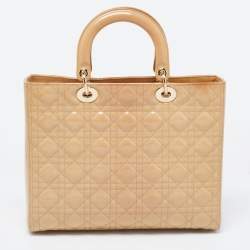 Pre Owned Dior Beige Cannage Patent Leather Large Lady Dior Tote
