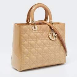 Pre Owned Dior Beige Cannage Patent Leather Large Lady Dior Tote