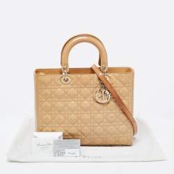 Pre Owned Dior Beige Cannage Patent Leather Large Lady Dior Tote